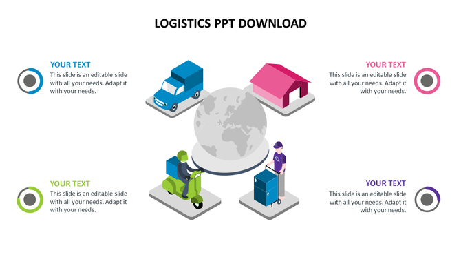 Logistics slide with a globe and four icons for transportation and delivery services in blue, pink, purple and green tones.