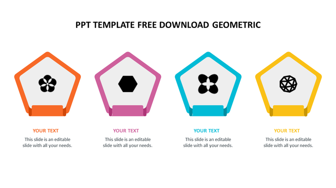 Geometric PowerPoint template showcasing four pentagon shaped sections with unique icons and text areas.