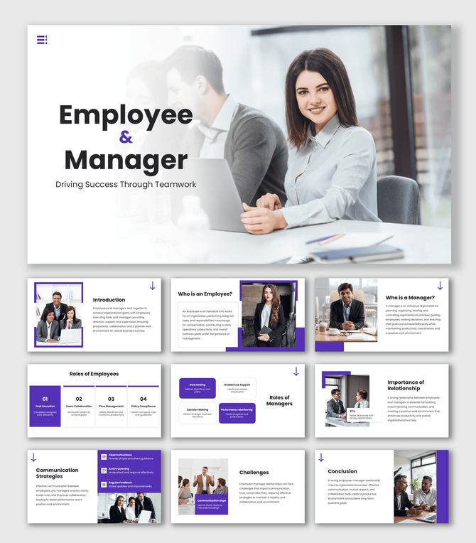 Employee And Manager Template PPT with office team images, purple accents, icons, shapes and clean professional layouts.