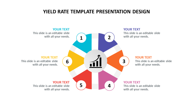 Circular infographic with six segments in blue, purple, orange, pink, red, and yellow, encircling a central graph icon.