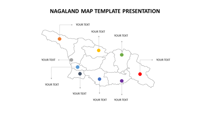 Nagaland map with different colored circles spread across the regions, pointing to text placeholders.