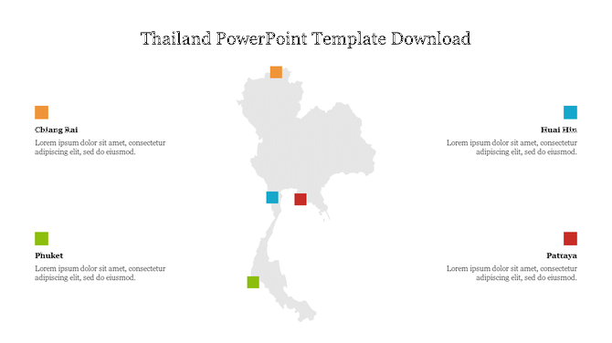 Central grey Thailand map with orange, green, blue, and red squares indicating locations of key cities and text.