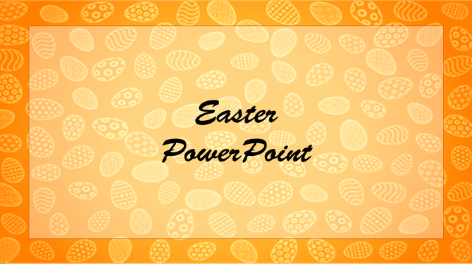 Easter themed PowerPoint slide featuring a background of decorative Easter eggs in warm orange hues.