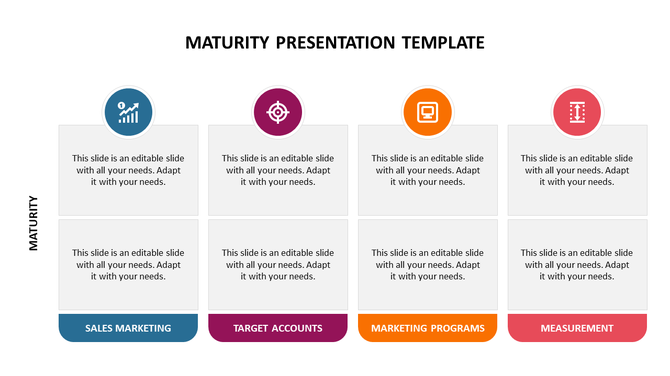 Slide with four rounded icons and headers on top of two stacked text boxes per column, representing business maturity areas.