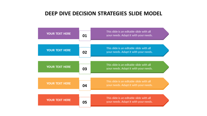 Decision strategies slide with five sections in purple, blue, green, orange, and red arrows, each labeled with caption area.