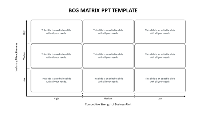 BCG matrix template in a 3x3 grid with white rounded rectangles, and labeled axes for analysis.