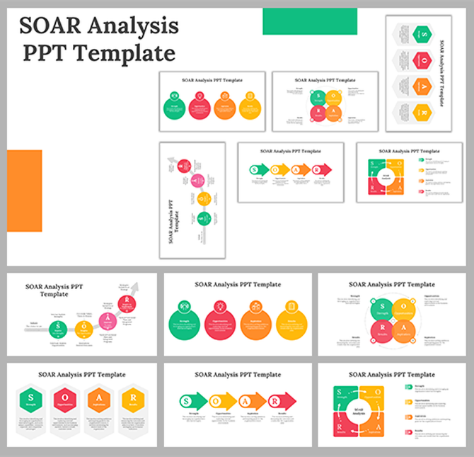 SOAR analysis slide deck with white backgrounds, featuring colorful diagrams for strengths, opportunities, and results.