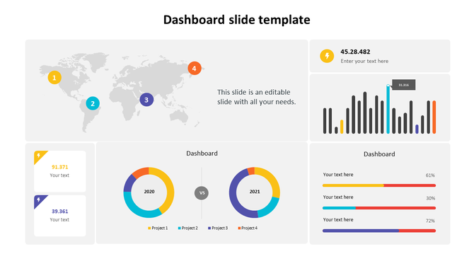 Colorful dashboard PPT slide with world map, pie charts, bar graphs, and metrics with placeholder text.