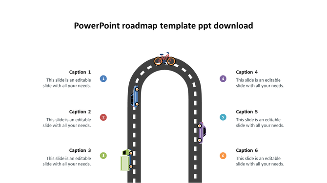 Roadmap design with icons of different vehicles and a bicycle along the road, with text placeholders for each step