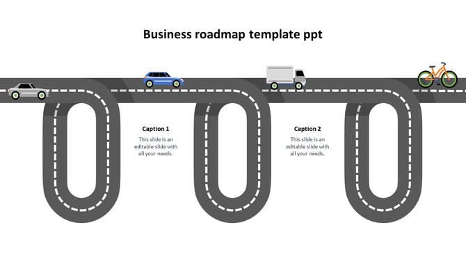 Winding business roadmap with three looped pathways, featuring vehicles traveling, with two text placeholders below.