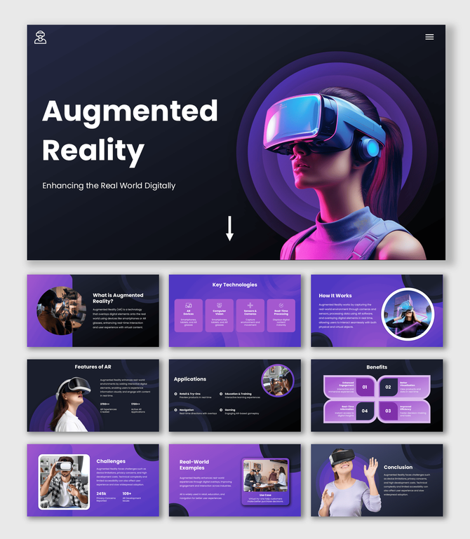 Augmented Reality PowerPoint Slide with dark purple theme, headset visuals, icons, shapes and structured text slides.
