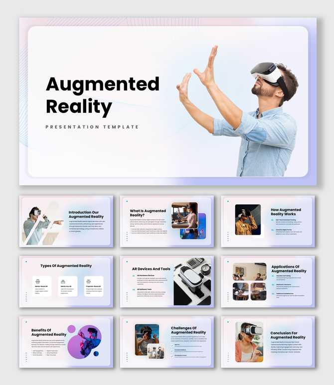 The Augmented reality PPT with man wearing VR headset, slides on AR types, tools, apps, and benefits.