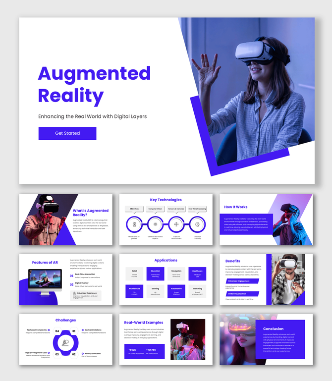 Augmented Reality Design Template Presentation showing modern purple slides, AR features, icons, shapes and layouts.