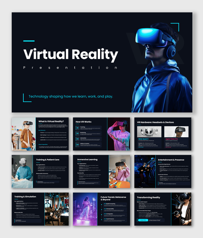 Virtual Reality PPT template covering VR concepts, hardware, applications, trends, and immersive experiences.