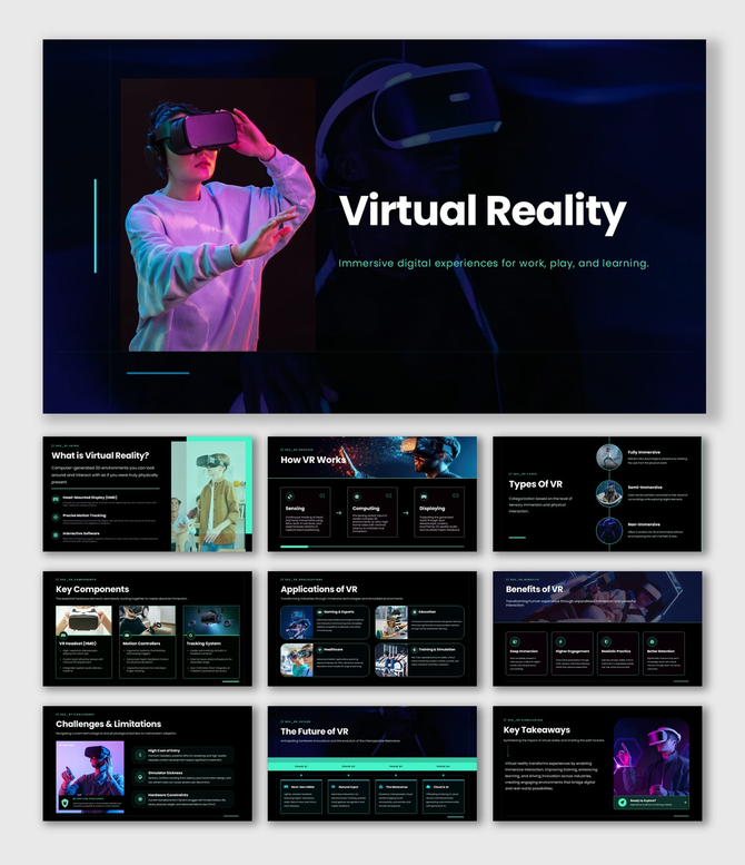 The Virtual Reality presentation with VR headset, dark color theme, and slides on uses, benefits, and technology.