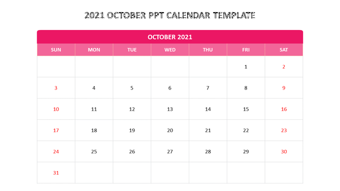 Monthly calendar template showing October 2021 with white background, pink highlights, and weekend dates in red.