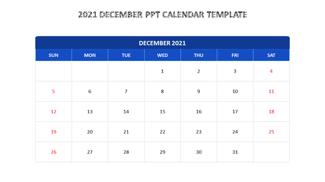 Blue and white PowerPoint slide featuring a 2021 December calendar with highlighted dates on a white backdrop.
