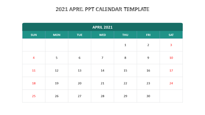 2021 April calendar table with a green header and white cells, highlighting weekends in red. 