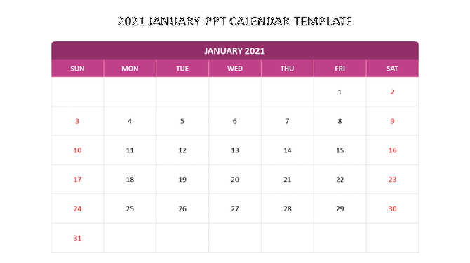 PowerPoint calendar template for January 2021 featuring a purple header and organized date grid.