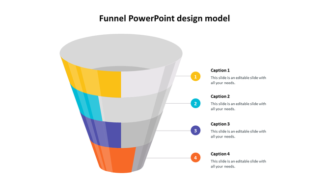 3D sales funnel template with four colored sections in yellow, blue, purple, and orange, each connected to caption areas.