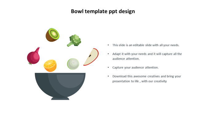 PowerPoint template showing floating fruits and vegetables above a bowl with placeholder text on a white backdrop.