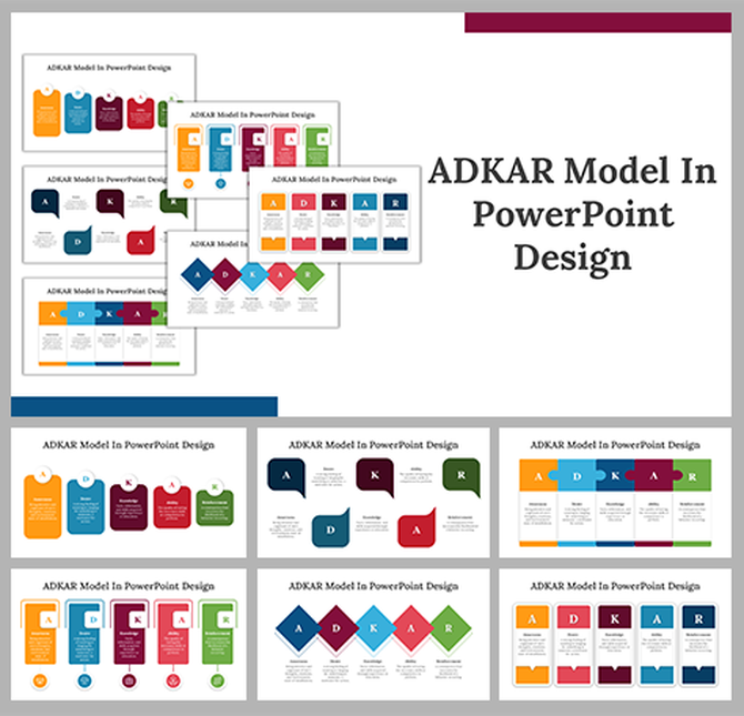 PowerPoint slides showcasing ADKAR change management model with colorful design layouts with icons.