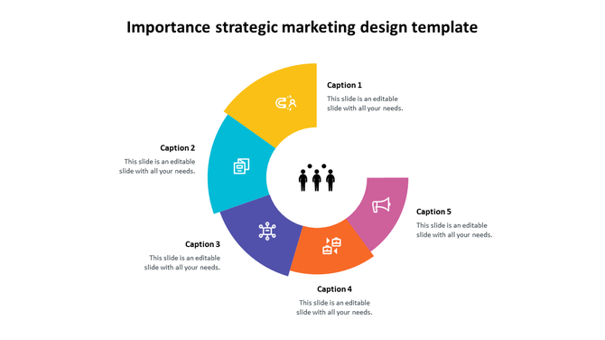 Circular marketing diagram with five colorful segments around a central icon of three people, each labeled.