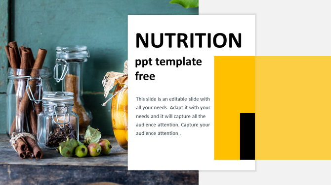 Vibrant slide design highlighting nutrition themes with an artistic layout and bold text.