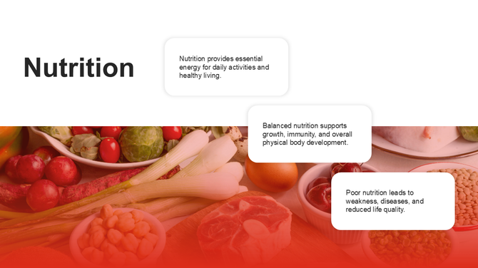 Nutrition PowerPoint with fruits, vegetables, meat, pulses, red gradient design, bold heading, and three white text boxes.