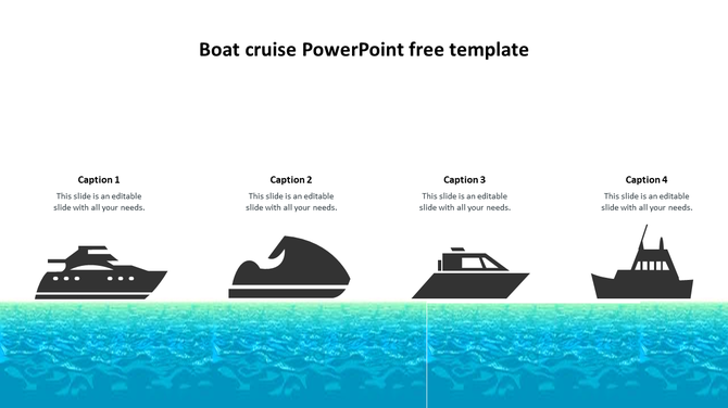 Four black boat silhouettes with captions on white background and blue textured water design below the boats.