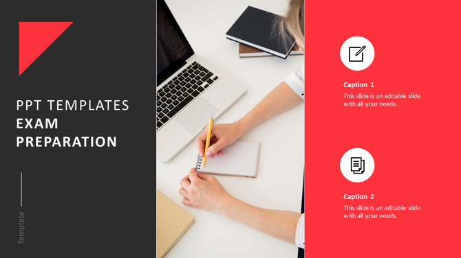 Exam preparation-themed template with a black and red layout, featuring a person writing in a notebook alongside a laptop.