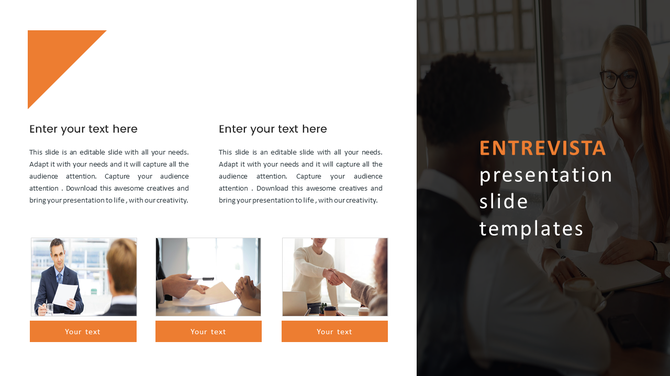 ENTREVISTA template featuring editable text boxes, three orange image slots, and a business meeting photo background.