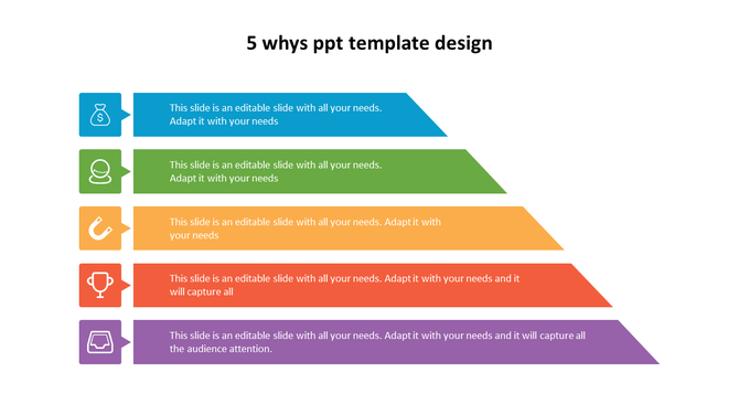 PowerPoint slide showing a 5 Whys diagram with different icons and colors with placeholder text on a white backdrop.