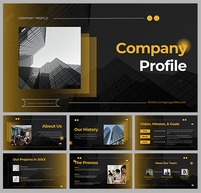 Corporate slide deck with black and gold tones, presenting company information such as history, goals, and team profiles.