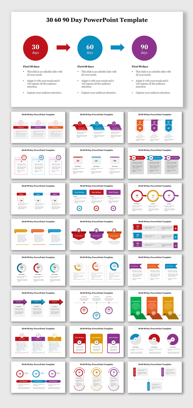 Slide deck featuring multiple 30 60 90 day plan layouts, including arrows, charts, and timelines with vibrant color schemes.