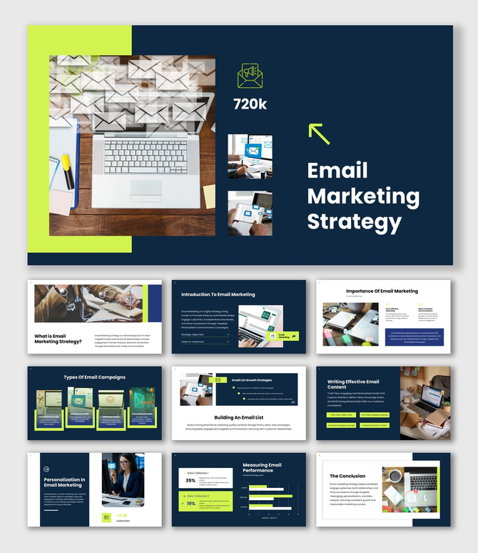 The Email Marketing Strategy presentation with laptop, email icons, blue-green theme, text boxes and visuals.
