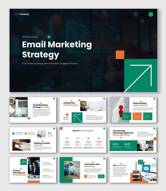 The Best Email Marketing Strategy presentation showing target audience, campaigns, and performance charts.
