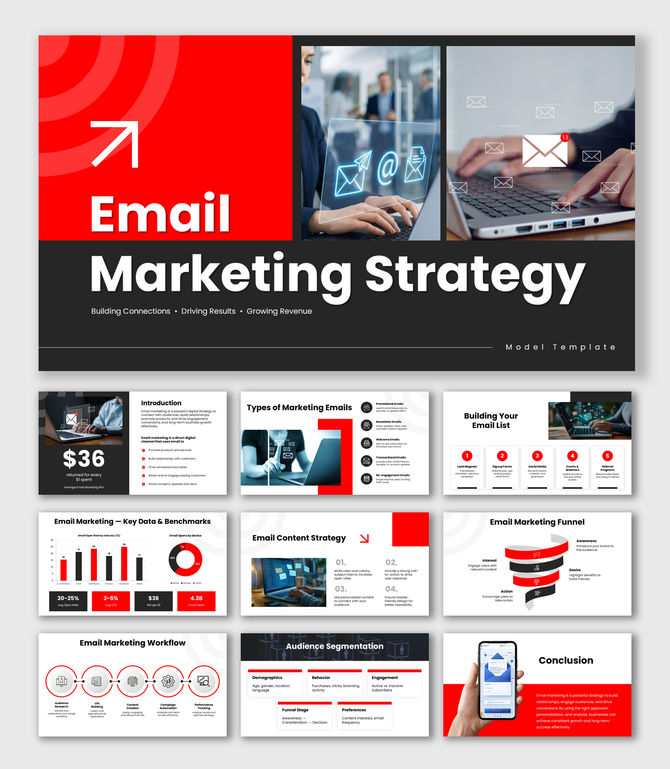 Email marketing strategy model with red black theme, email icons, charts, funnel, and structured text blocks.