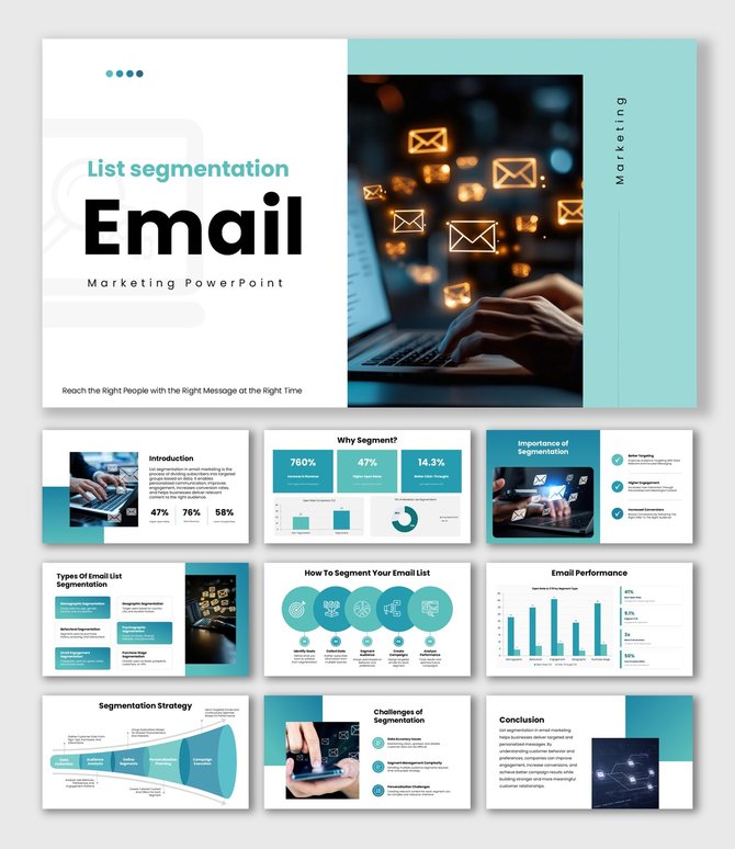 List Segmentation Email Marketing slides, blue theme, charts, segments, icons, shapes, structured text boxes.