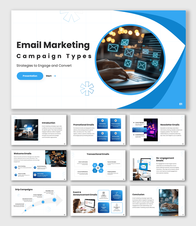 Email Marketing Template Presentation with blue theme, email icons, circular image, and geometric shapes layout.
