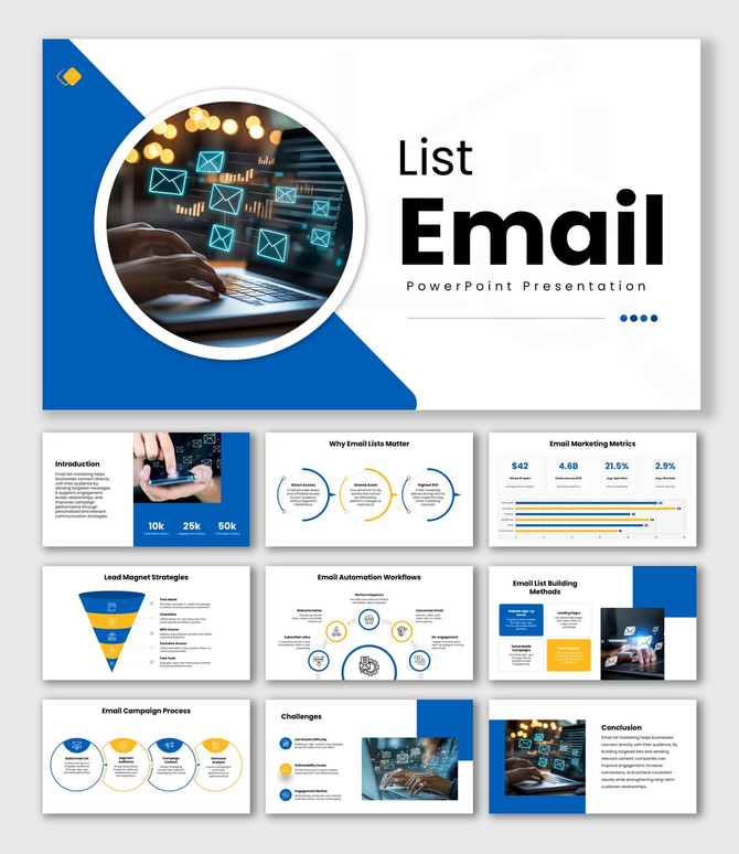 List Email slides, blue theme, funnel, workflow, charts, icons, shapes, structured text boxes