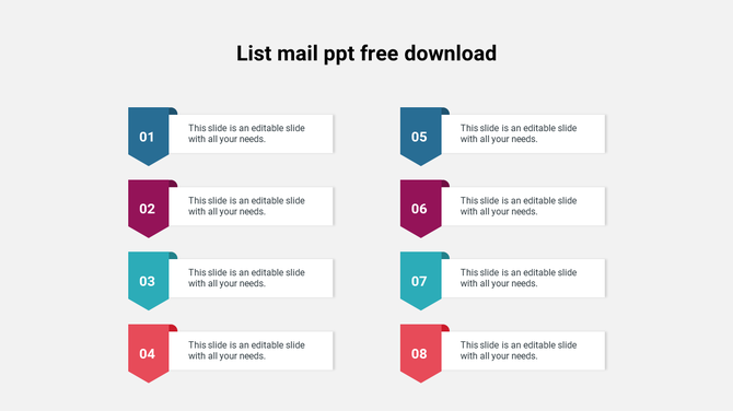 List of eight items, numbered from 1 to 8, aligned in two vertical columns with corresponding text areas.