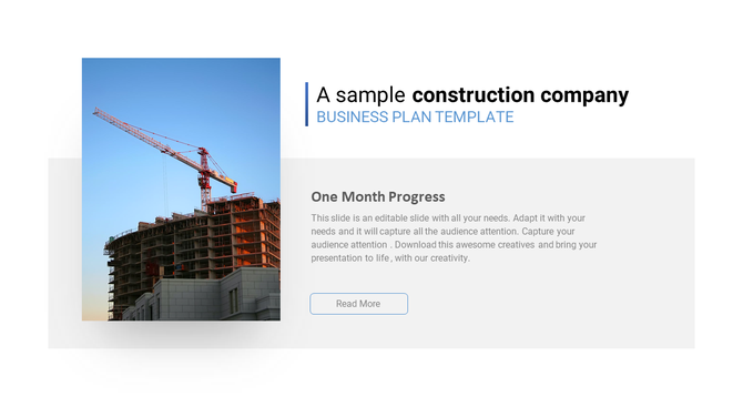 Construction company business plan slide showing a building under construction with a crane and a text section.