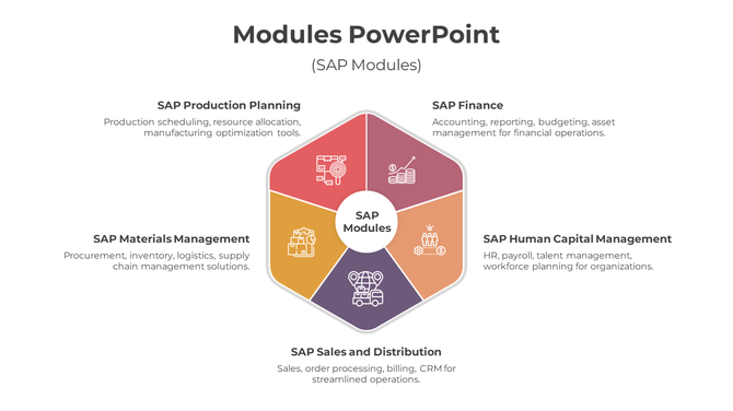 Hexagon shaped diagram with five colored sections, each representing different SAP modules, connected to a center.