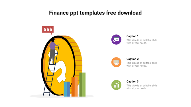 Finance slide with a large yellow coin, person climbing ladder, dollar sign, and three vertical bar graphs beside it.