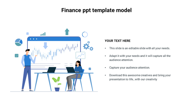 A finance PowerPoint template with a graph on a laptop screen and a person presenting data to another person at a desk.