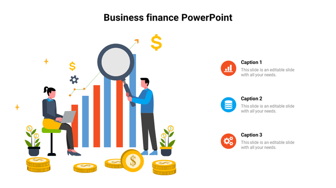 Business finance slide showing a man with magnifier over bar chart, woman on laptop, coins, and icons with captions.