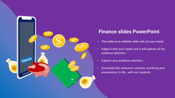 Finance slide features a mobile phone with a transfer icon surrounded by coins, a piggy bank, and a wallet on a purple theme.