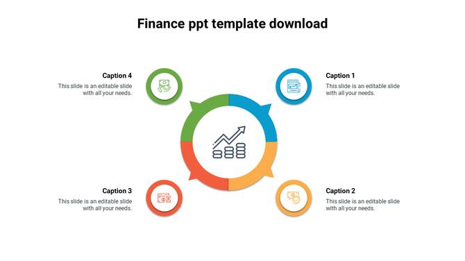 Circular finance infographic with growth icon and four segments, each linked to a icon representing finance concepts.