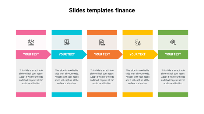 Finance slide with five vertical rectangular sections in pink, blue, orange, yellow, and green, each with icons and text.